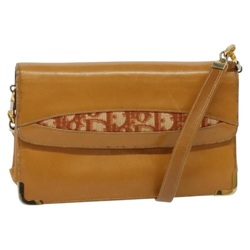 Authentic Christian Dior Shoulder Bag Leather Beige Gold